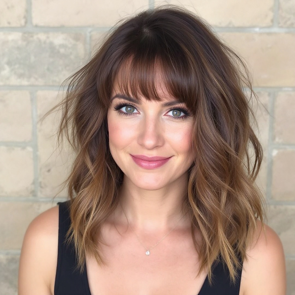 Layered Hair Women Aged 30 with Crescent Bangs